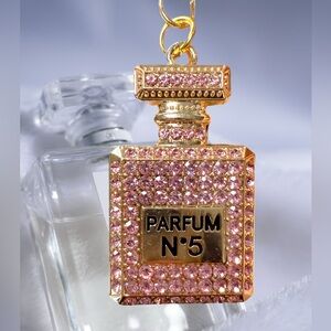 Designer inspired metal rhinestone keychain pink gold perfume bottle purse clip